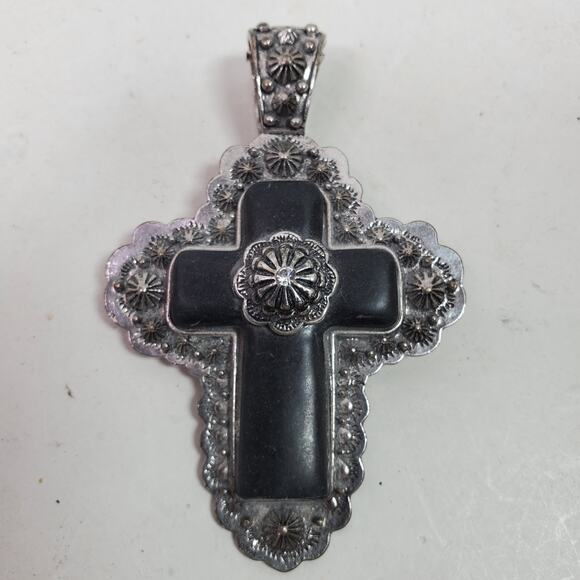 Vintage Cross Pendant Statement 4 Inch Long Total Black Silver Decorative - Picture 1 of 4
